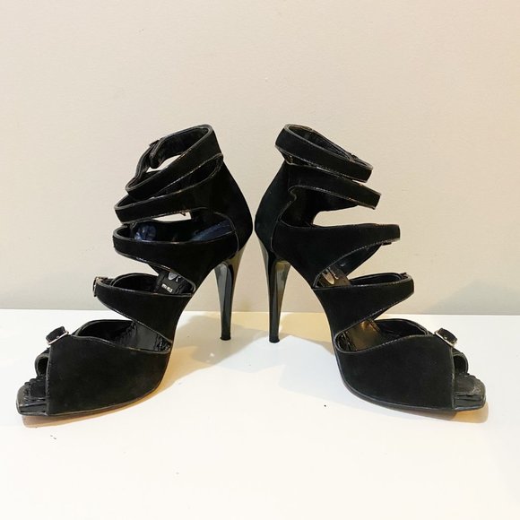 Browns Sexy Suede Leather Multi-Strap High Heel Sandals Black Silver Size 7 - Picture 6 of 9